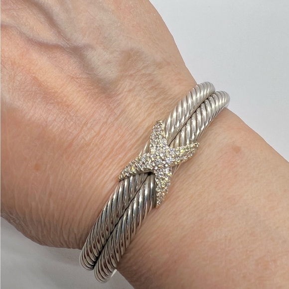 David Yurman Sterling Silver Double Row Diamond X Cable Bracelet - Picture 13 of 16